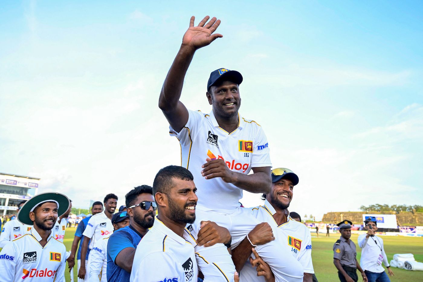 Angelo Mathews gets carried by his team-mates as he signs off from Test cricket