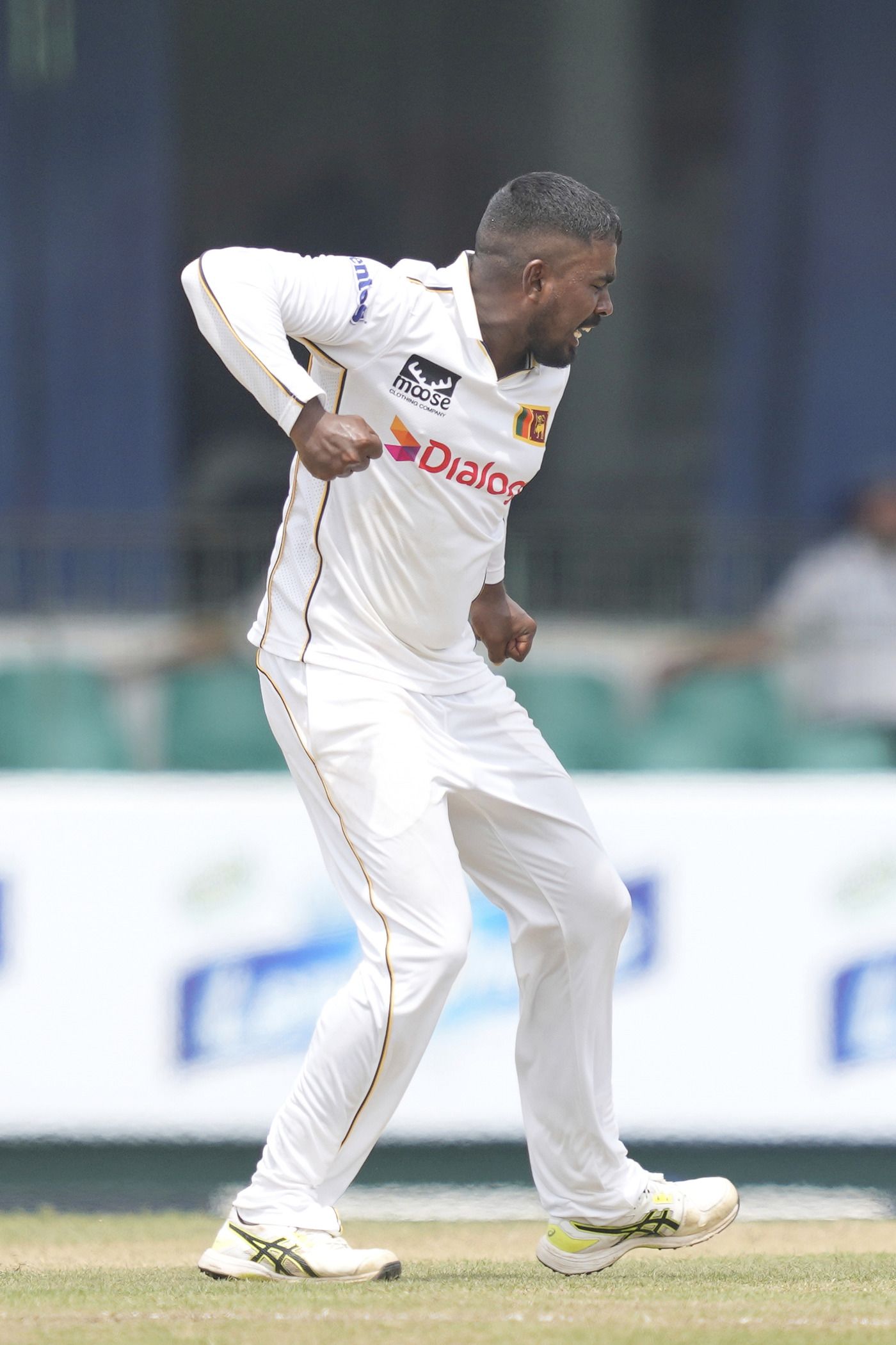 Tharindu Rathnayake celebrates the wicket of Shadman Islam