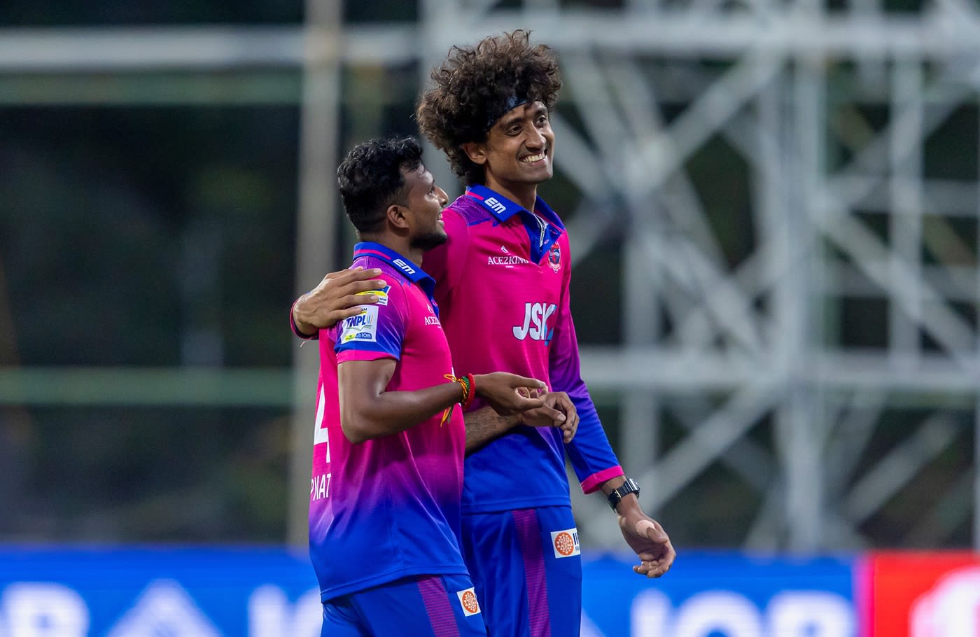 T Natarajan and R Sai Kishore celebrate a wicket