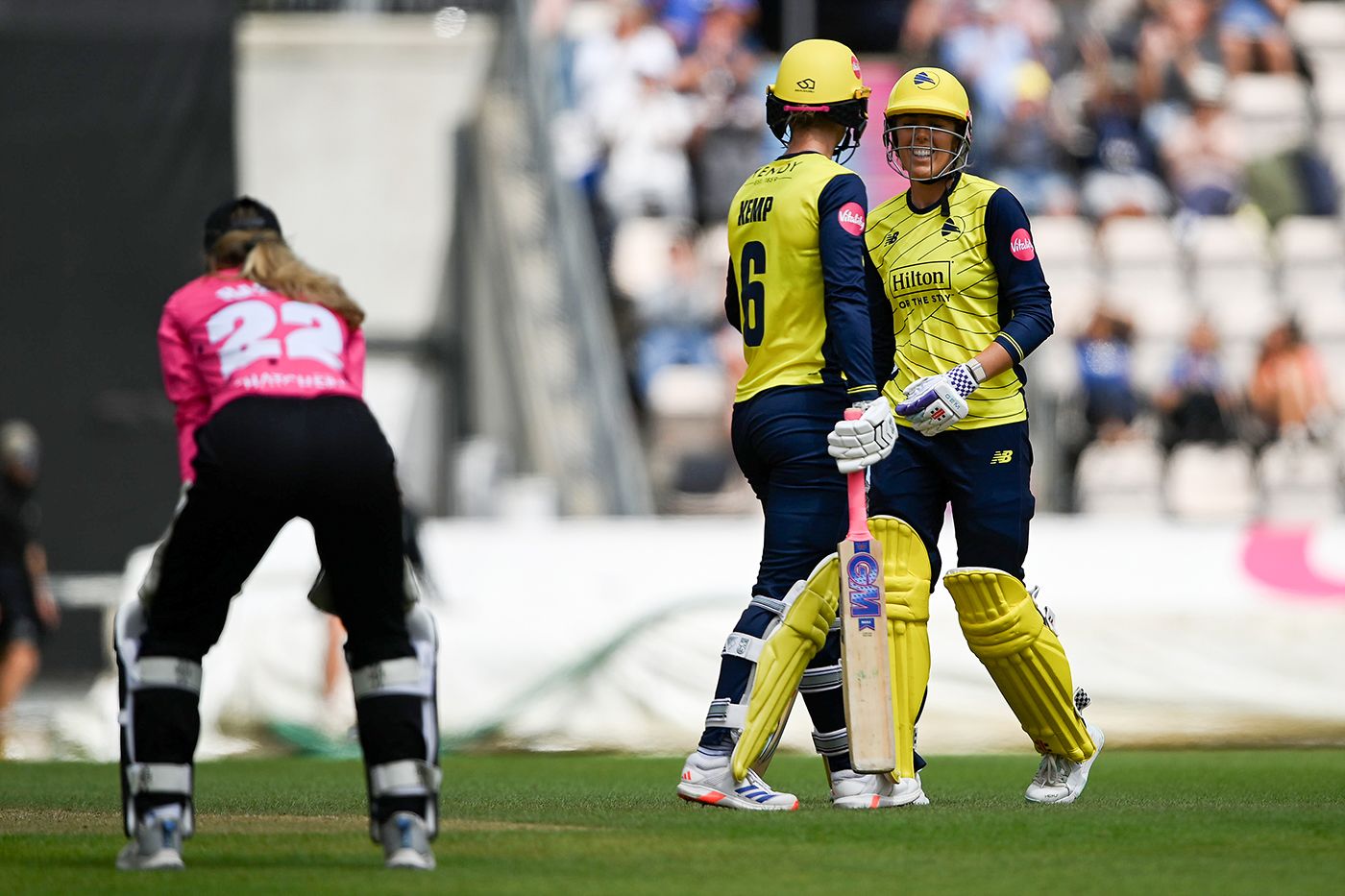 Freya Kemp and Georgia Adams celebrate their last-over victory