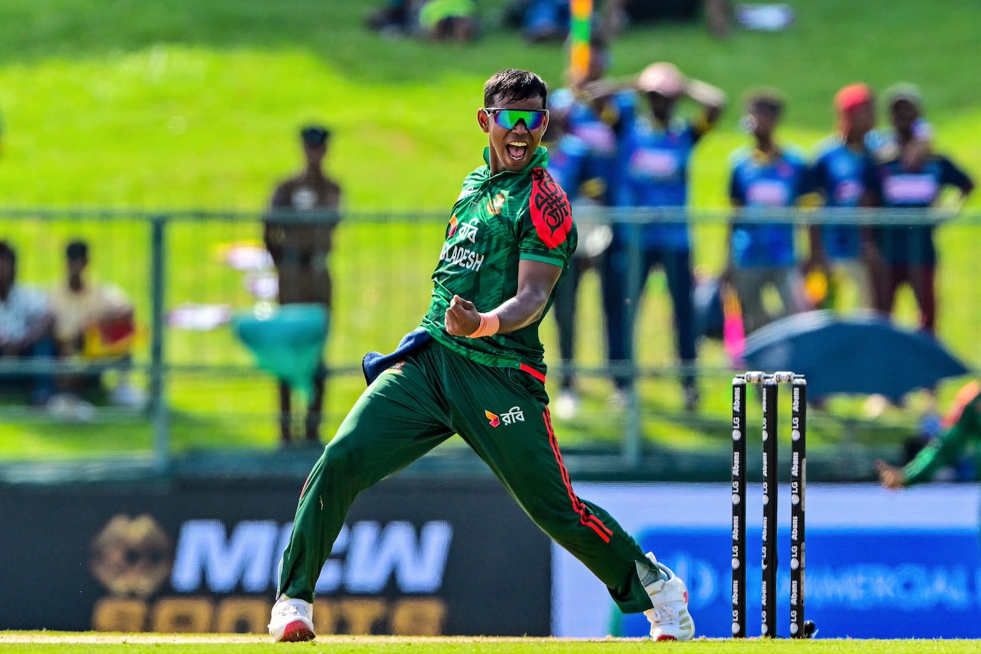 Tanvir Islam is pumped after taking the wicket of Pathum Nissanka