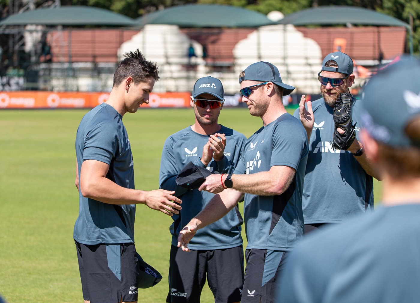 Bevon Jacobs receives his maiden international cap from his Auckland team-mate Jimmy Neesham