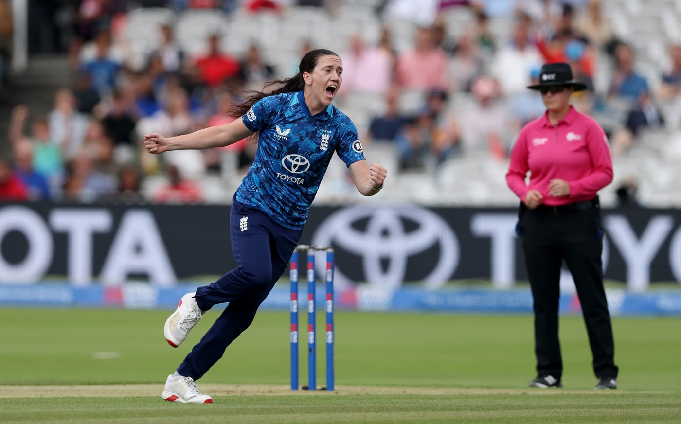 Em Arlott wheels away after striking with her fourth ball
