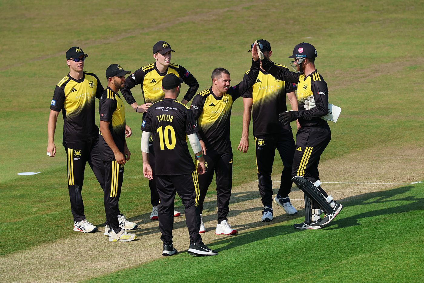 Graeme van Buuren celebrates with team-mates after taking the wicket of Eddie Byrom