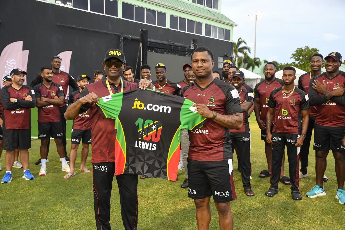 Evin Lewis is presented with a jersey to mark his 100th game for St Kitts and Nevis Patriots