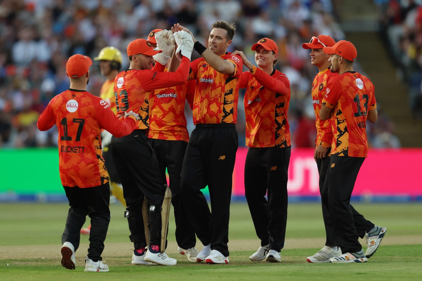 Tim Southee celebrates the wicket of Joe Root 