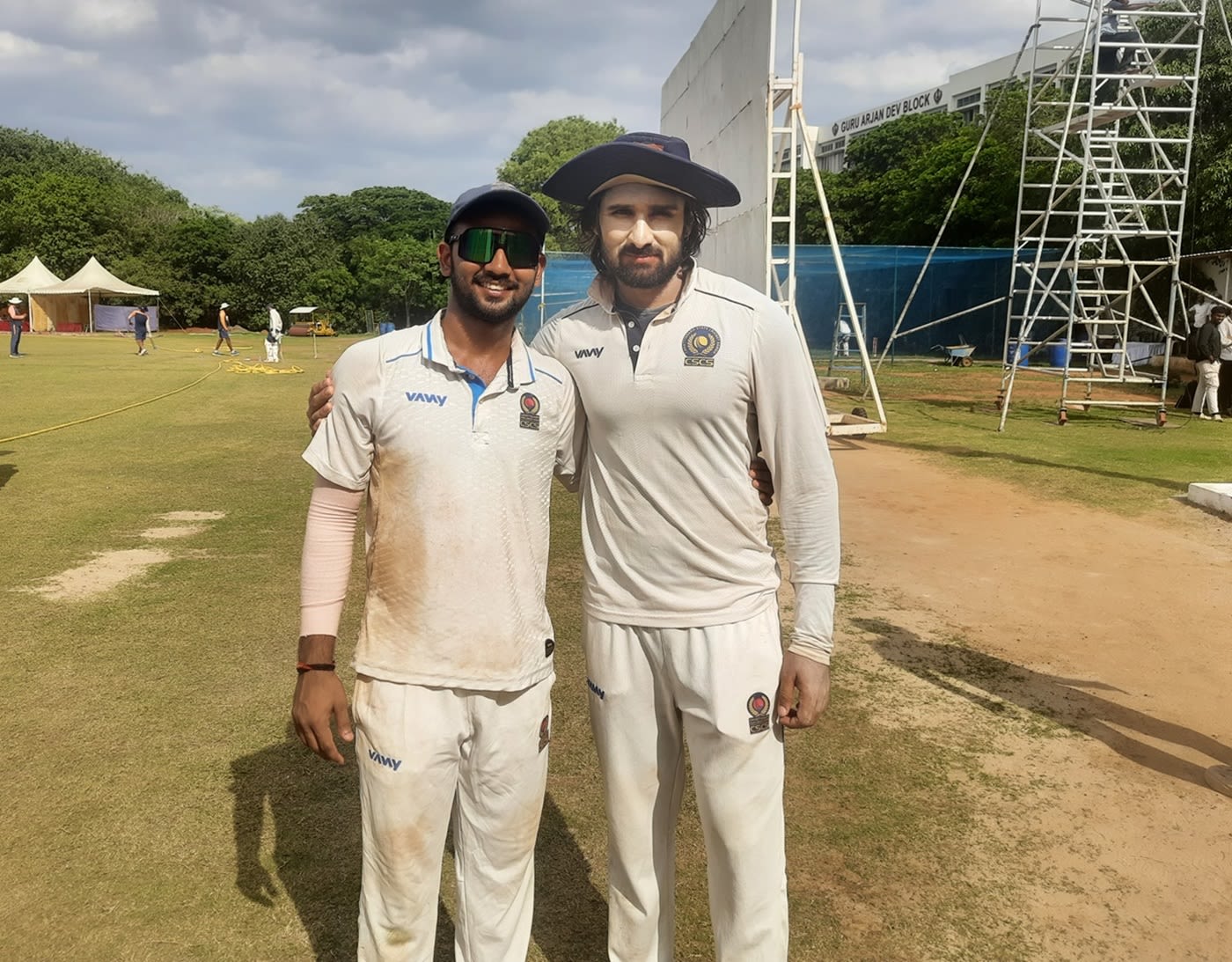 Aayush Pandey (left) and Sanjeet Desai (right) get together after helping Chhattisgarh beat Maharashtra in the Buchi Babu tournament