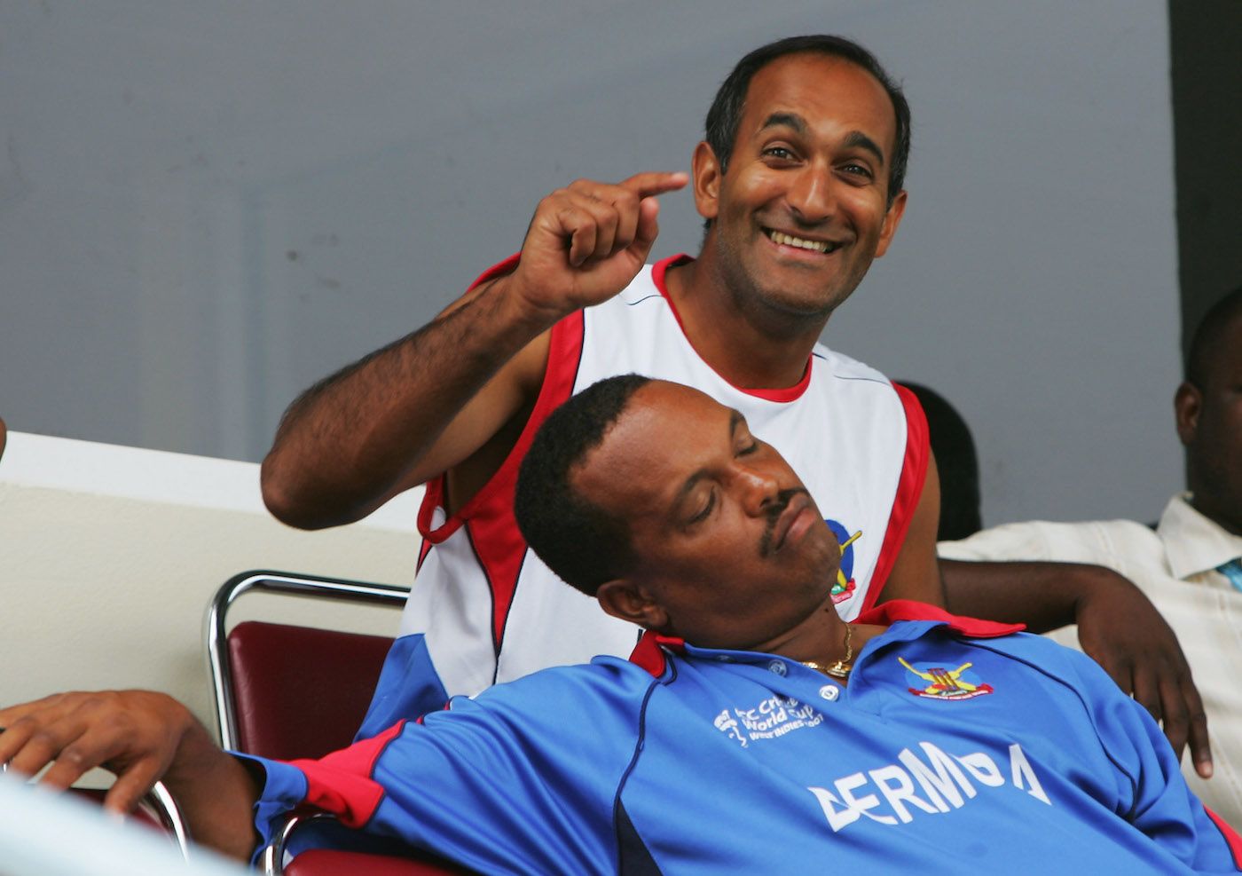 Saleem Mukuddem is deeply amused at team-mate Clay Smith falling asleep waiting for the match to start