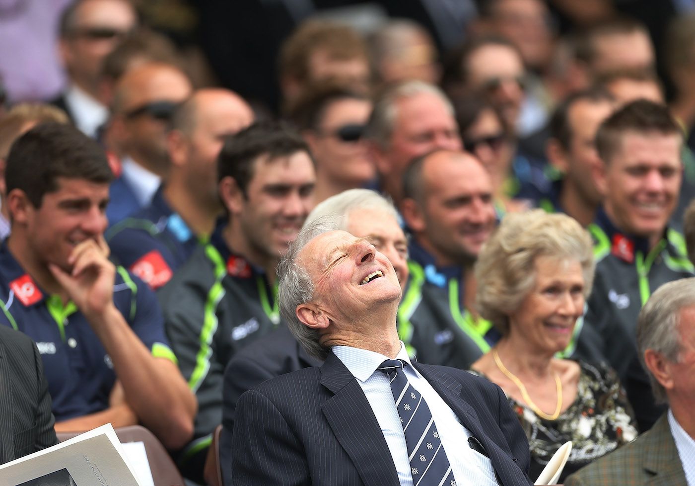 Bill Lawry laughs at an anecdote at Tony Greig's memorial service