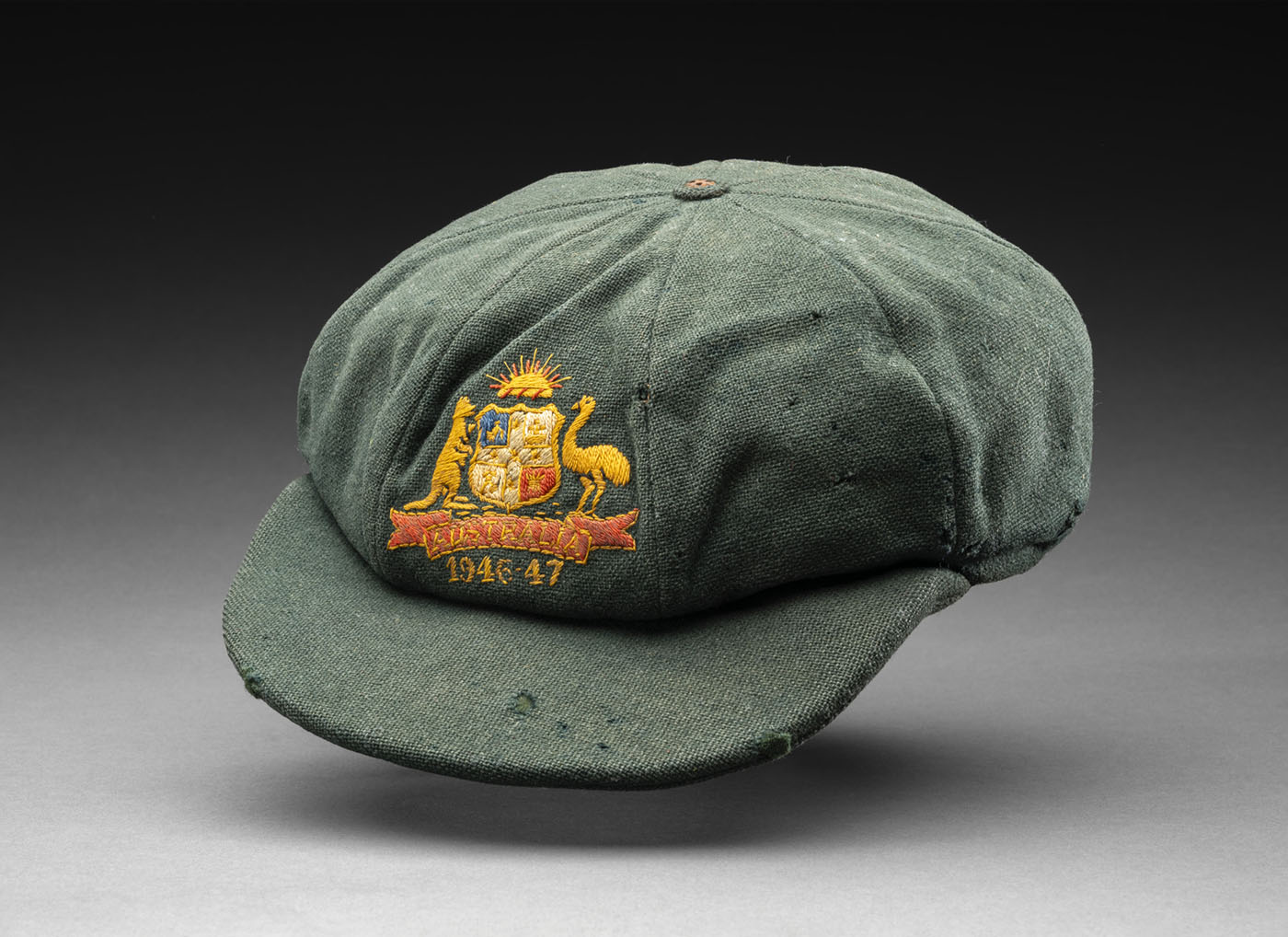 A baggy green worn by Donald Bradman during the 1946-47 Ashes