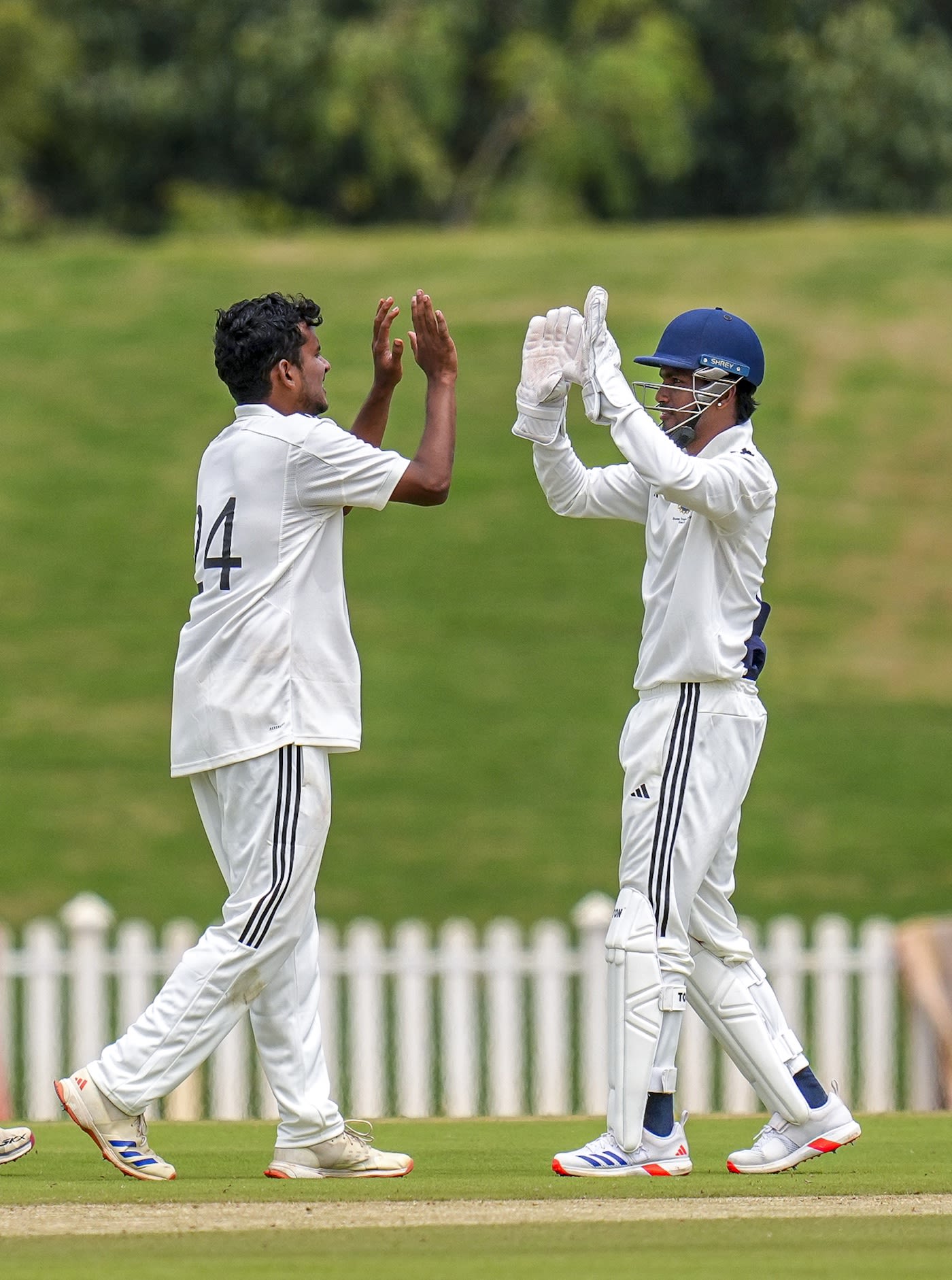 Harshit Rana and Kanhaiya Wadhawan celebrate a wicket