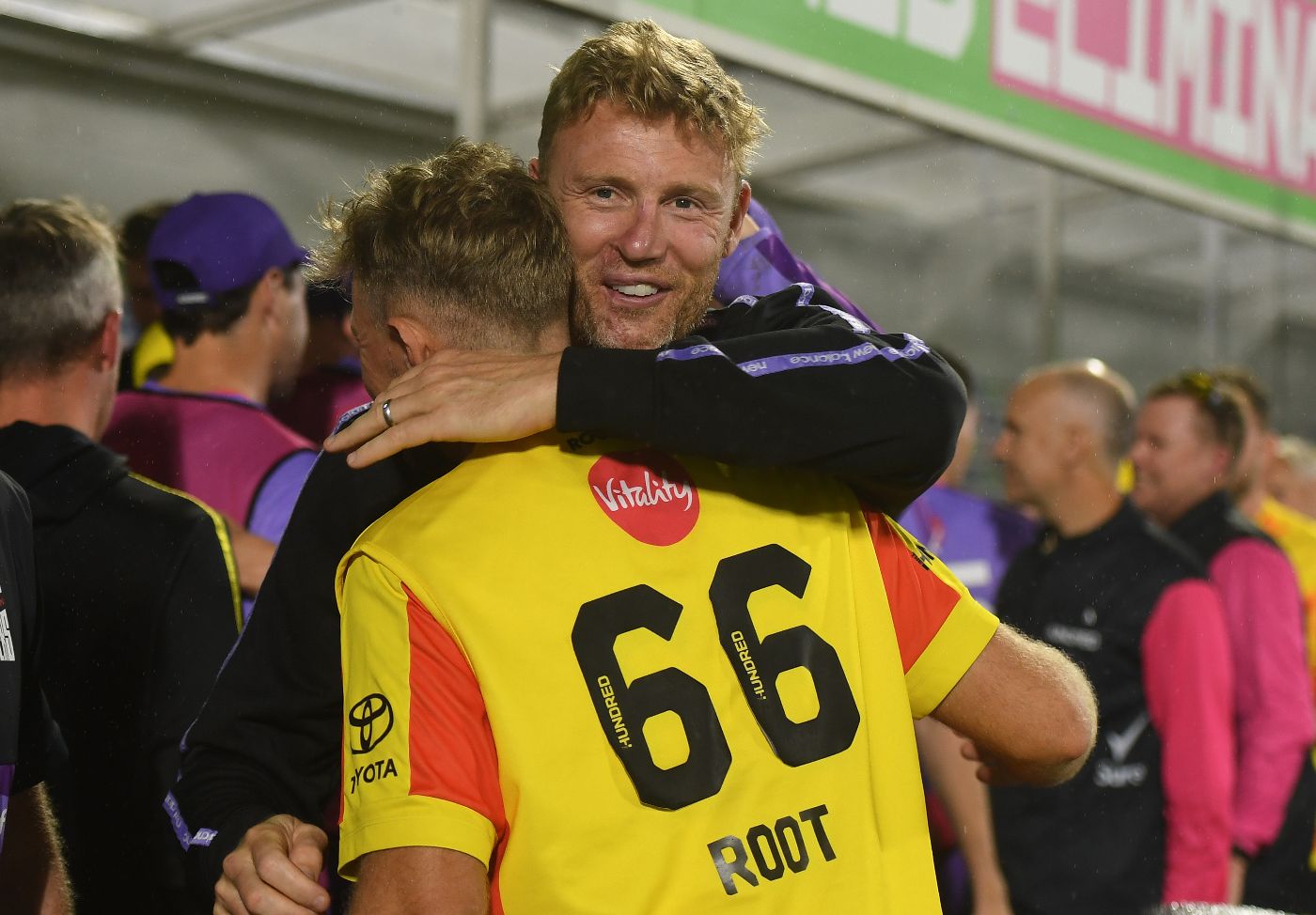 Andrew Flintoff congratulates Joe Root after Rockets progressed to the final