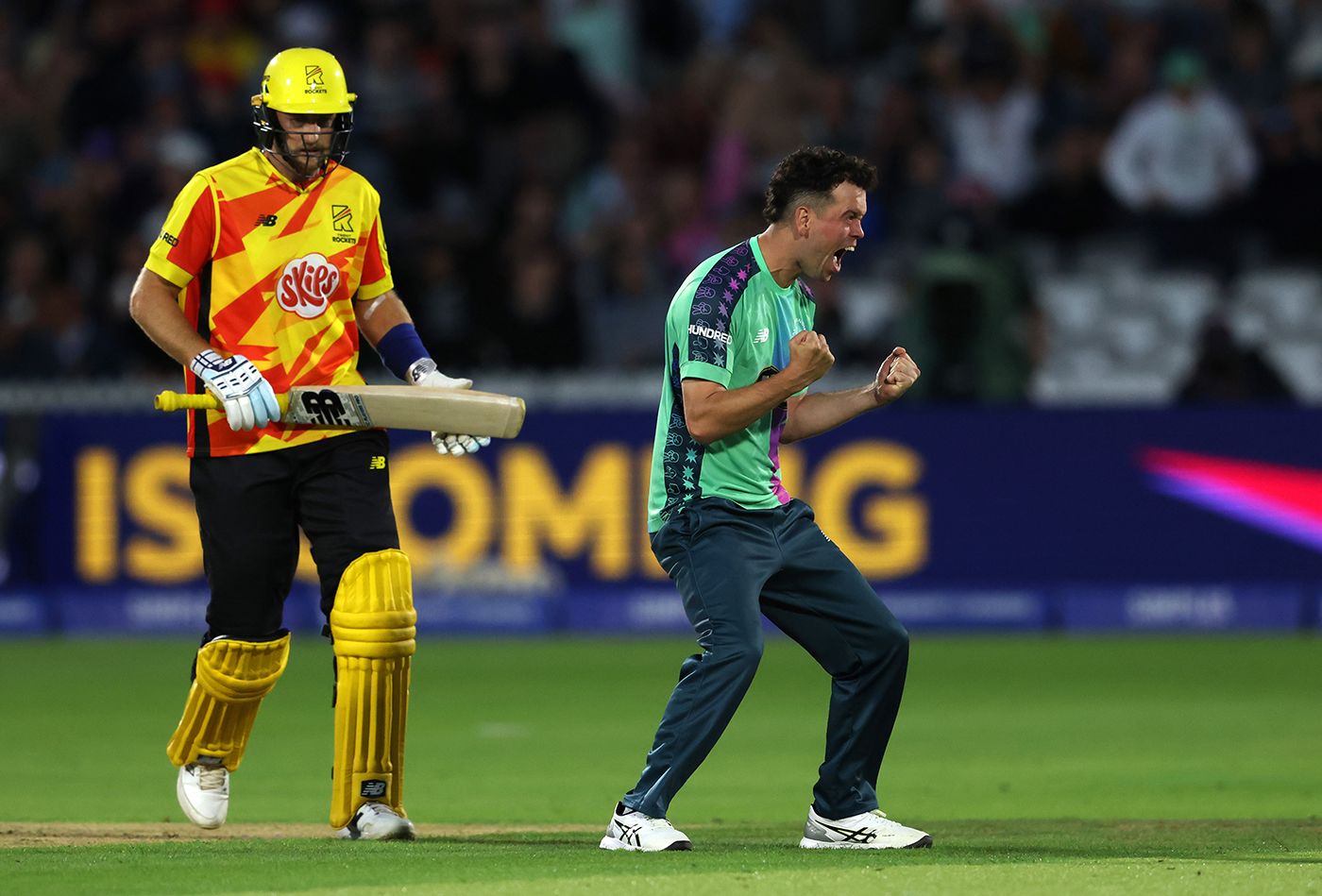 Nathan Sowter roars in celebration after dismissing Joe Root