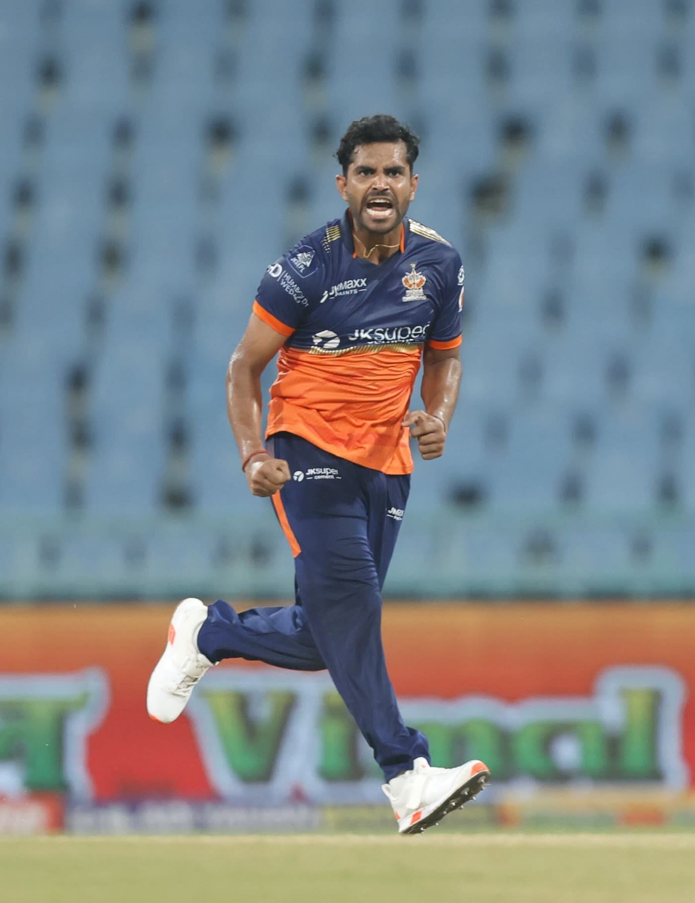 Shivam Mavi is pumped after picking up a wicket