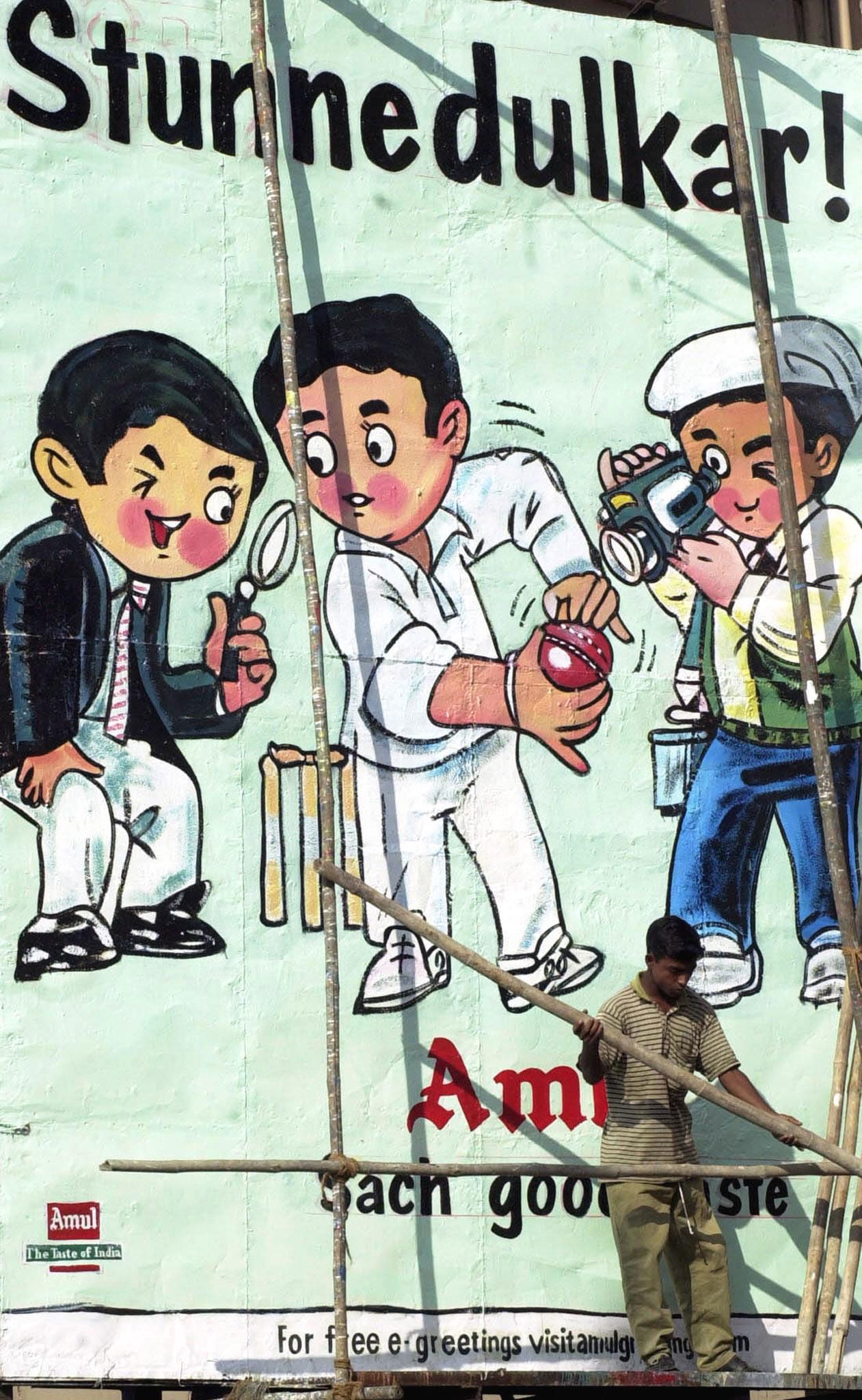 An advertising billboard in Mumbai refers to Sachin Tendulkar's suspension by umpire Mike Denness