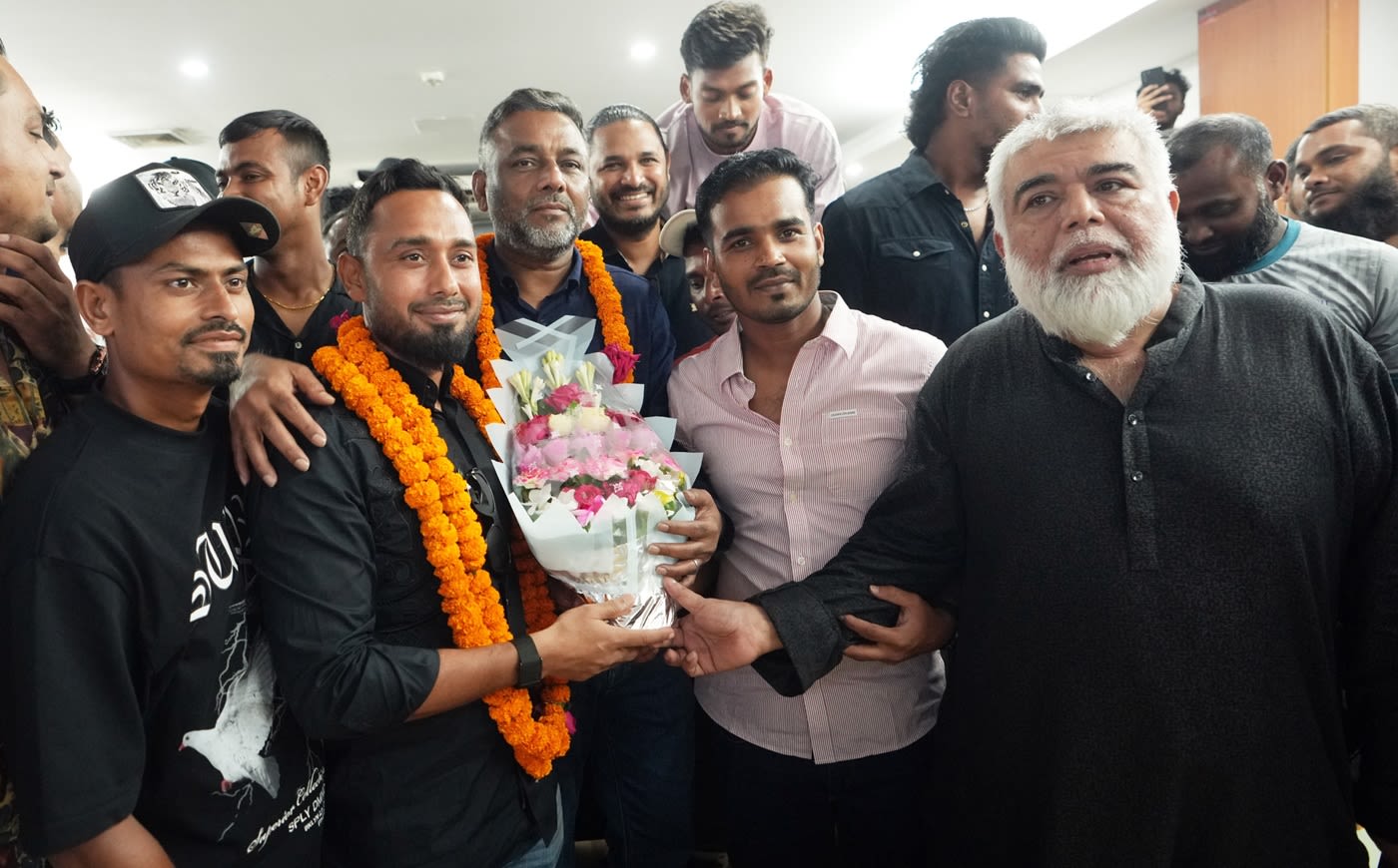 Mohammad Mithun celebrates after being elected president of the Cricketers' Welfare Association of Bangladesh