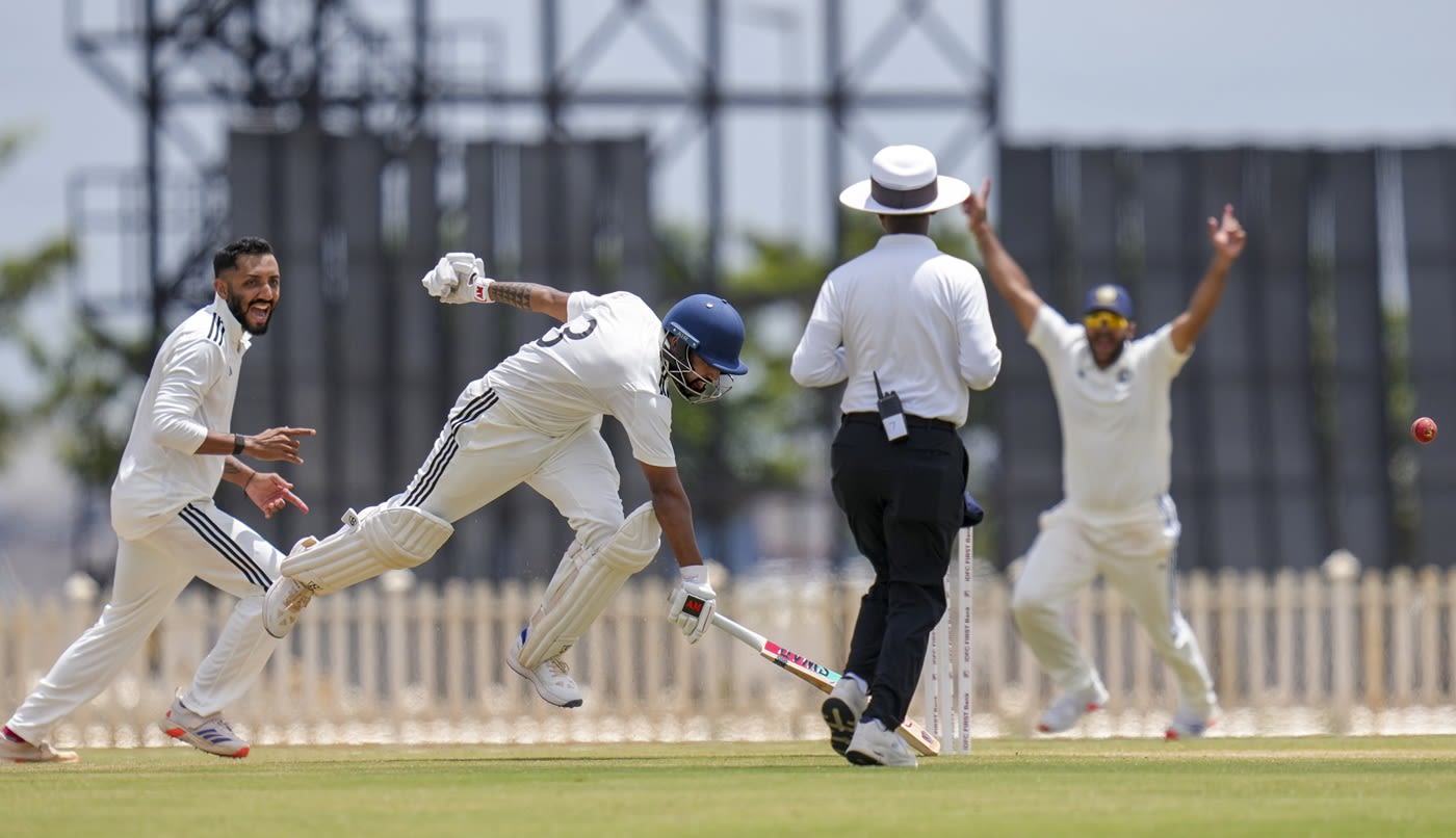 Dharmendrasinh Jadeja is up in celebration as Shubham Sharma is run-out on 96