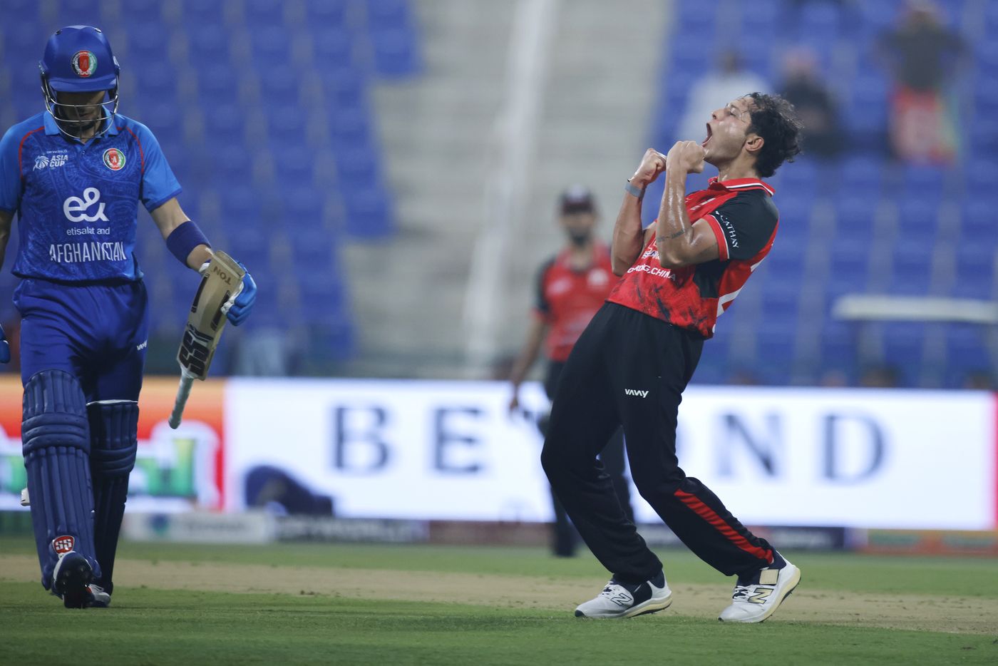 Ayush Shukla celebrates his first wicket in the tournament