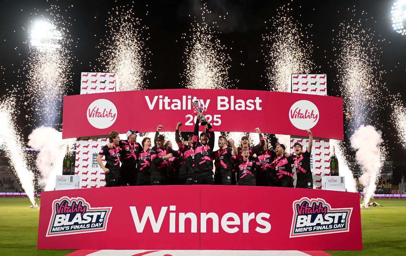 Lewis Gregory lifts the Vitality Blast trophy after Somerset's victory over Hampshire