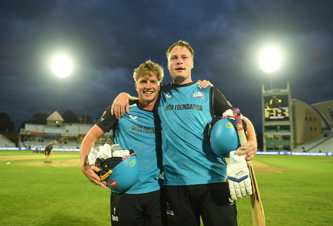 Matthew Waite and Henry Cullen celebrate the winning moment for Worcestershire