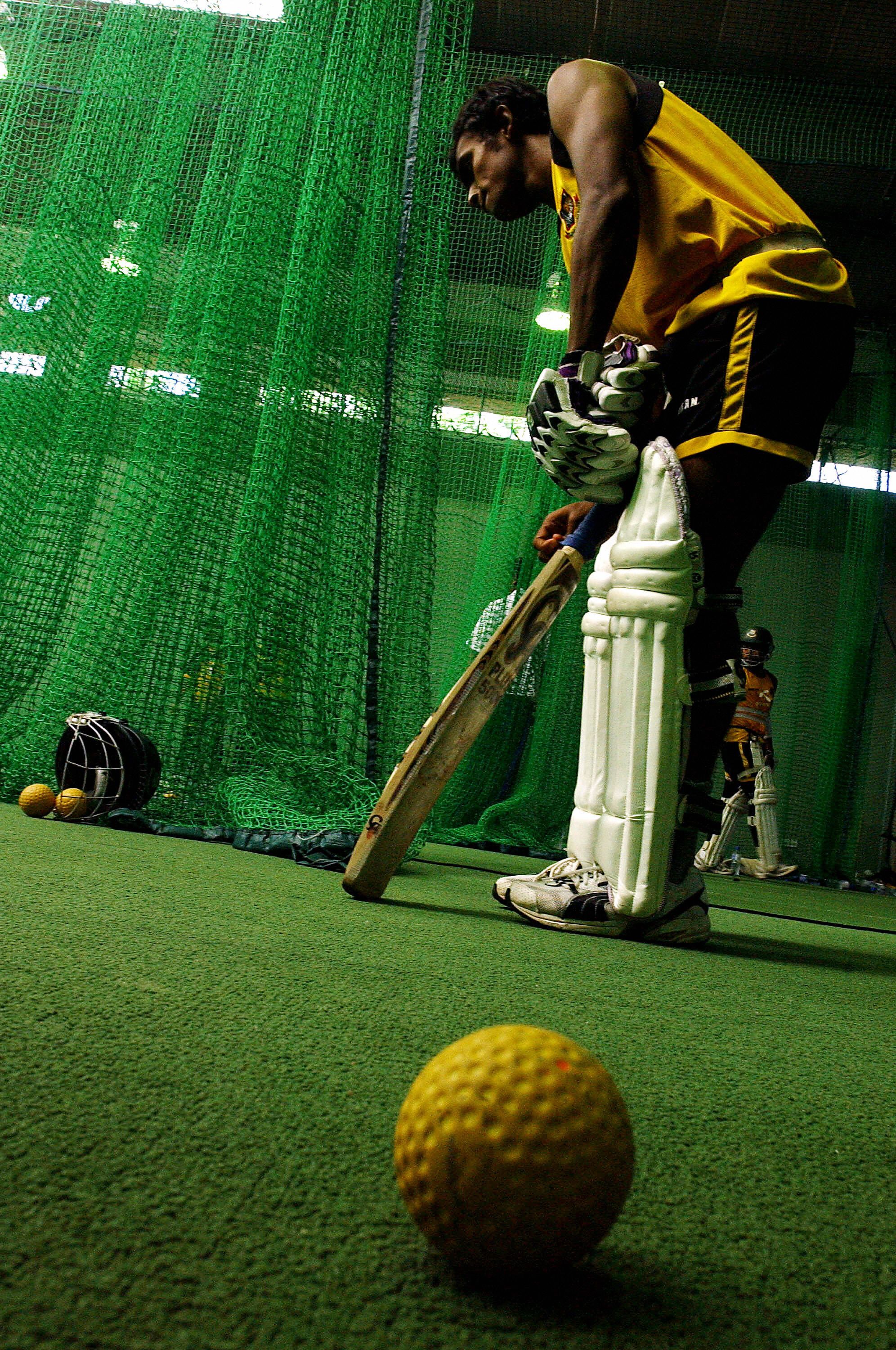 Mehrab Hossain prepares to bat during a net practice session at the Fingara Town and Country Club in Colombo