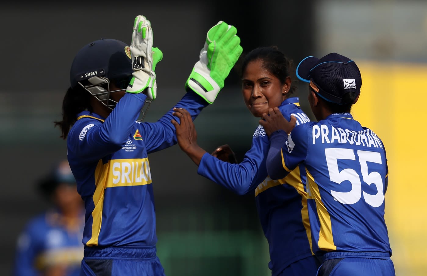 Kavisha Dilhari celebrates a wicket with Anushka Sanjeewani and Udeshika Prabodhani