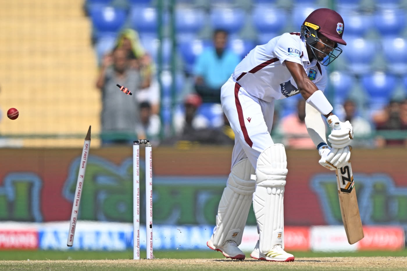 Khary Pierre's off stump was sent cartwheeling by Jasprit Bumrah