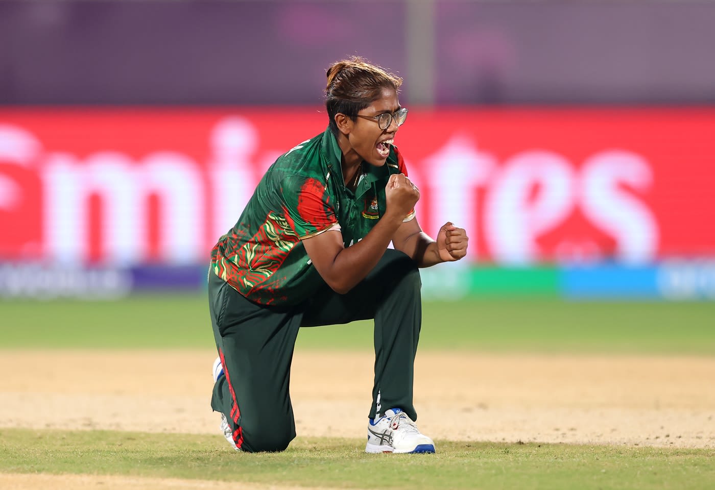 Fahima Khatun exults after bowling Sinalo Jafta