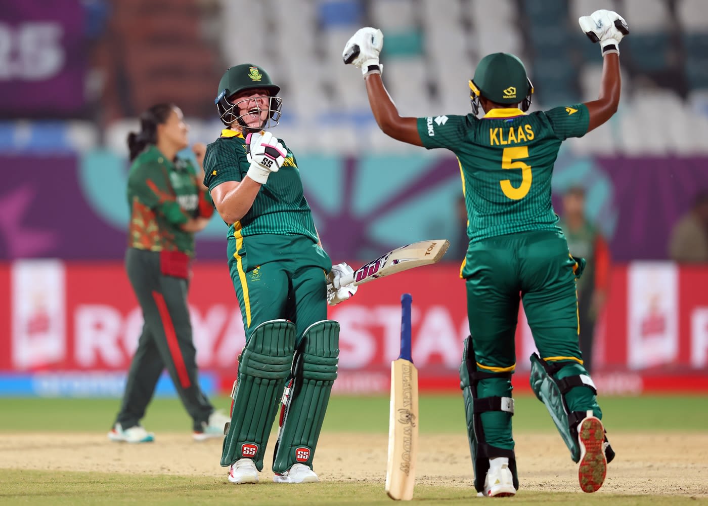 Nadine de Klerk and Masabata Klaas celebrate a thrilling win
