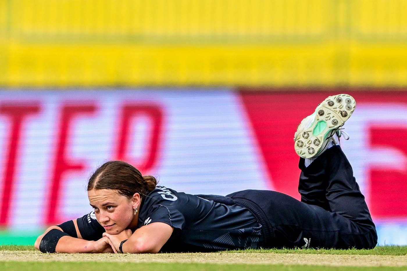 Eden Carson reacts after a fielding effort