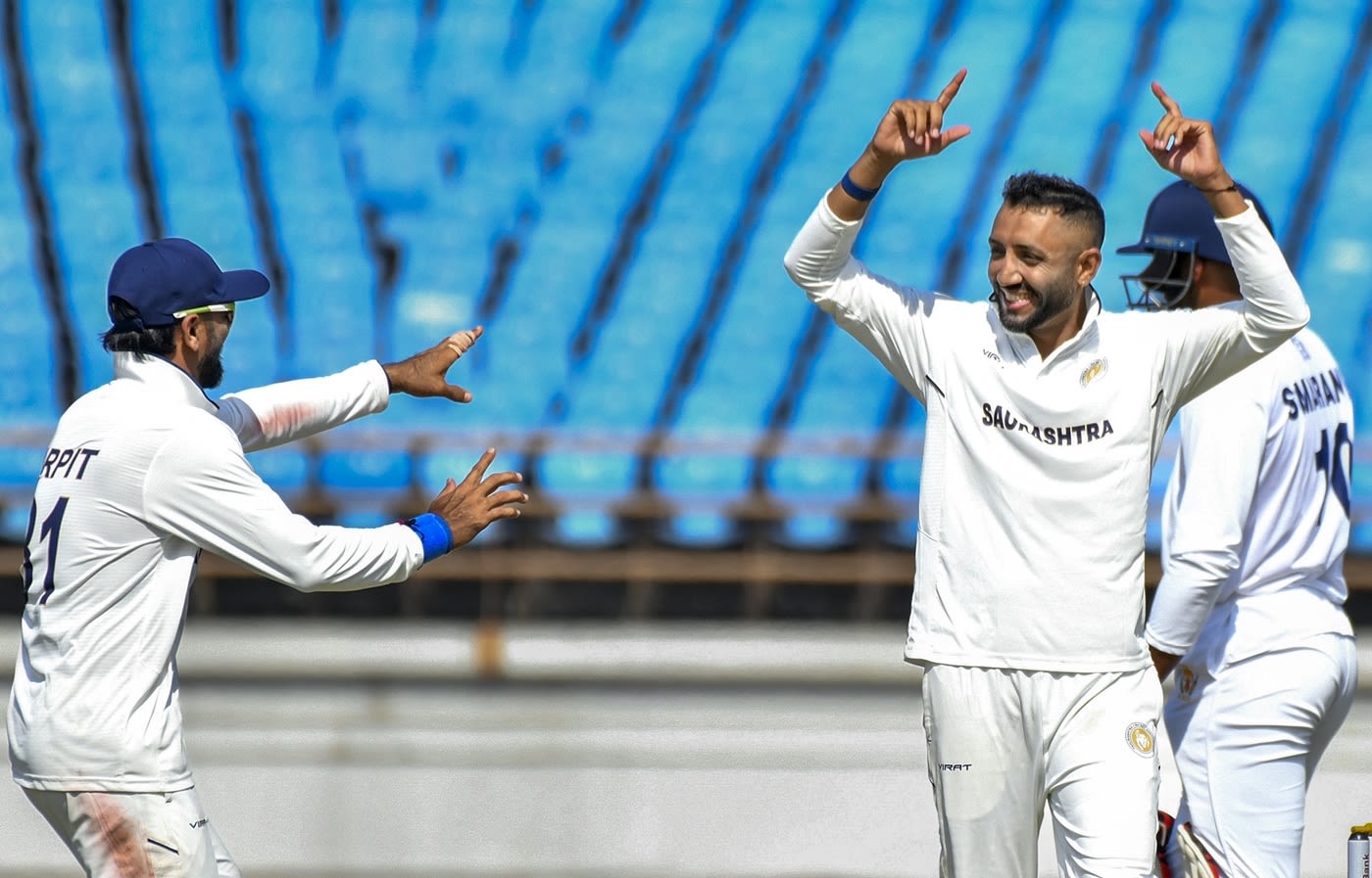 Dharmendrasinh Jadeja celebrates dismissing Devdutt Padikkal