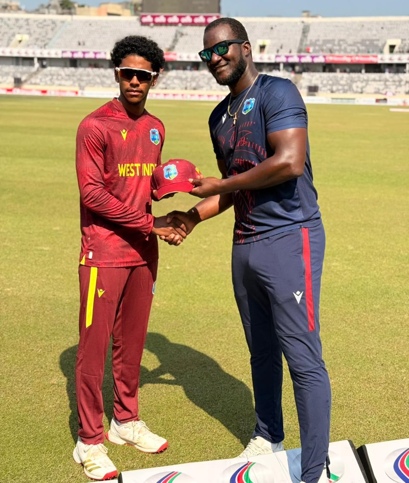 Ackeem Auguste receives his maiden ODI cap from coach Daren Sammy