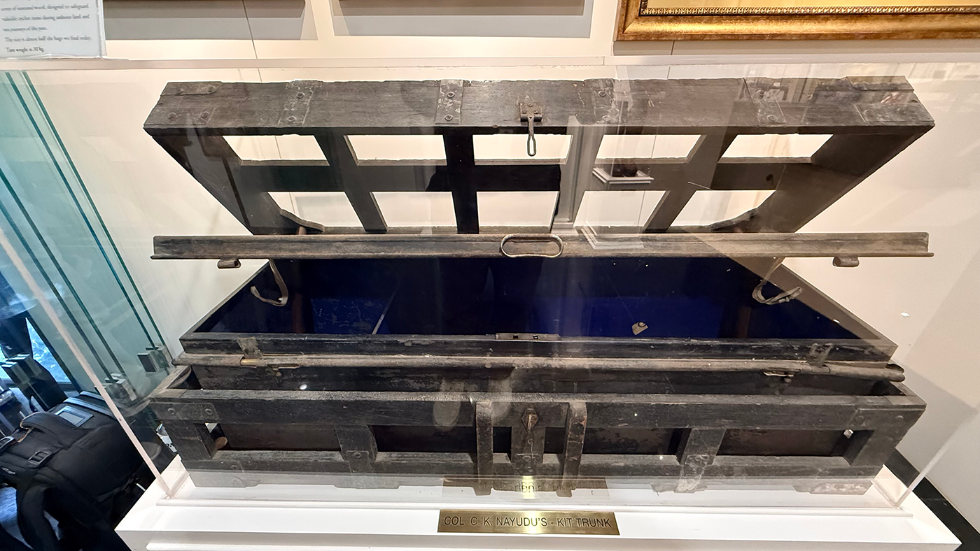 CK Nayudu's kit bag, displayed at the museum in Holkar Stadium, Indore
