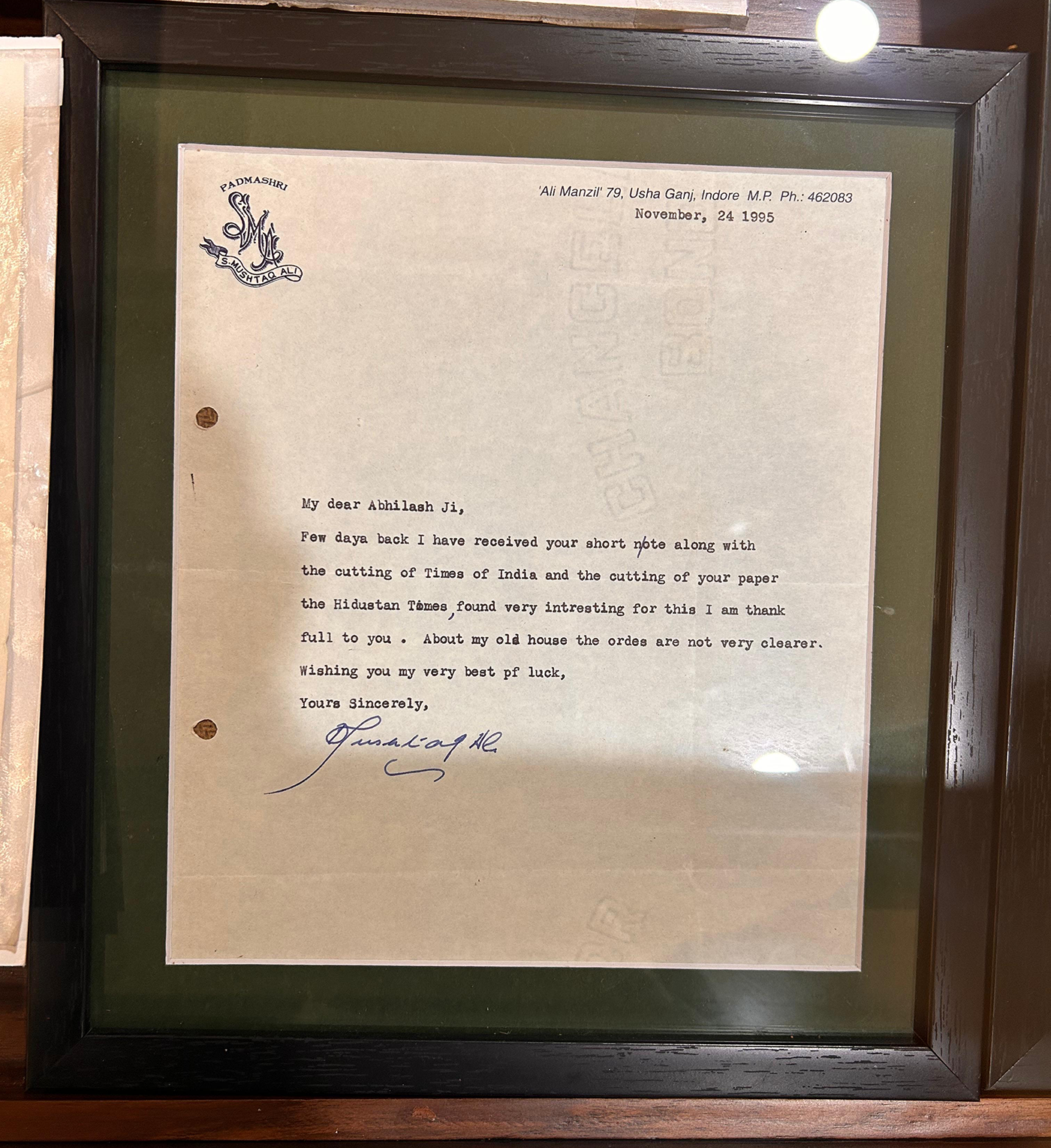 A letter of appreciation from Syed Mushtaq Ali to a journalist, as displayed at the cricket museum in Holkar Stadium, Indore