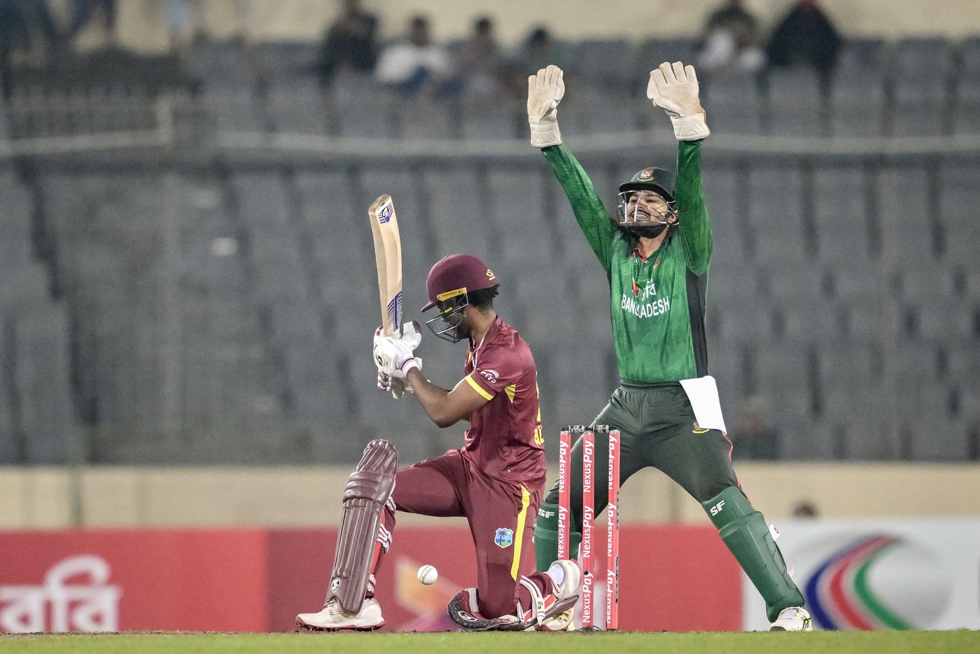Nurul Hasan appeals for Ackeem Auguste's wicket