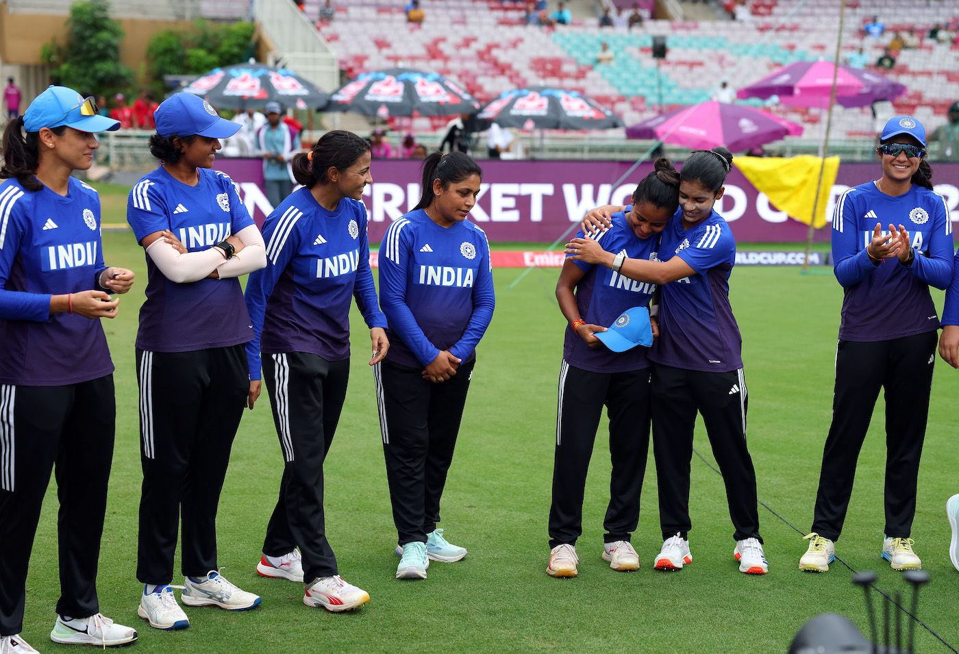 Amanjot Kaur hugs Uma Chetry, who is set to play her maiden ODI