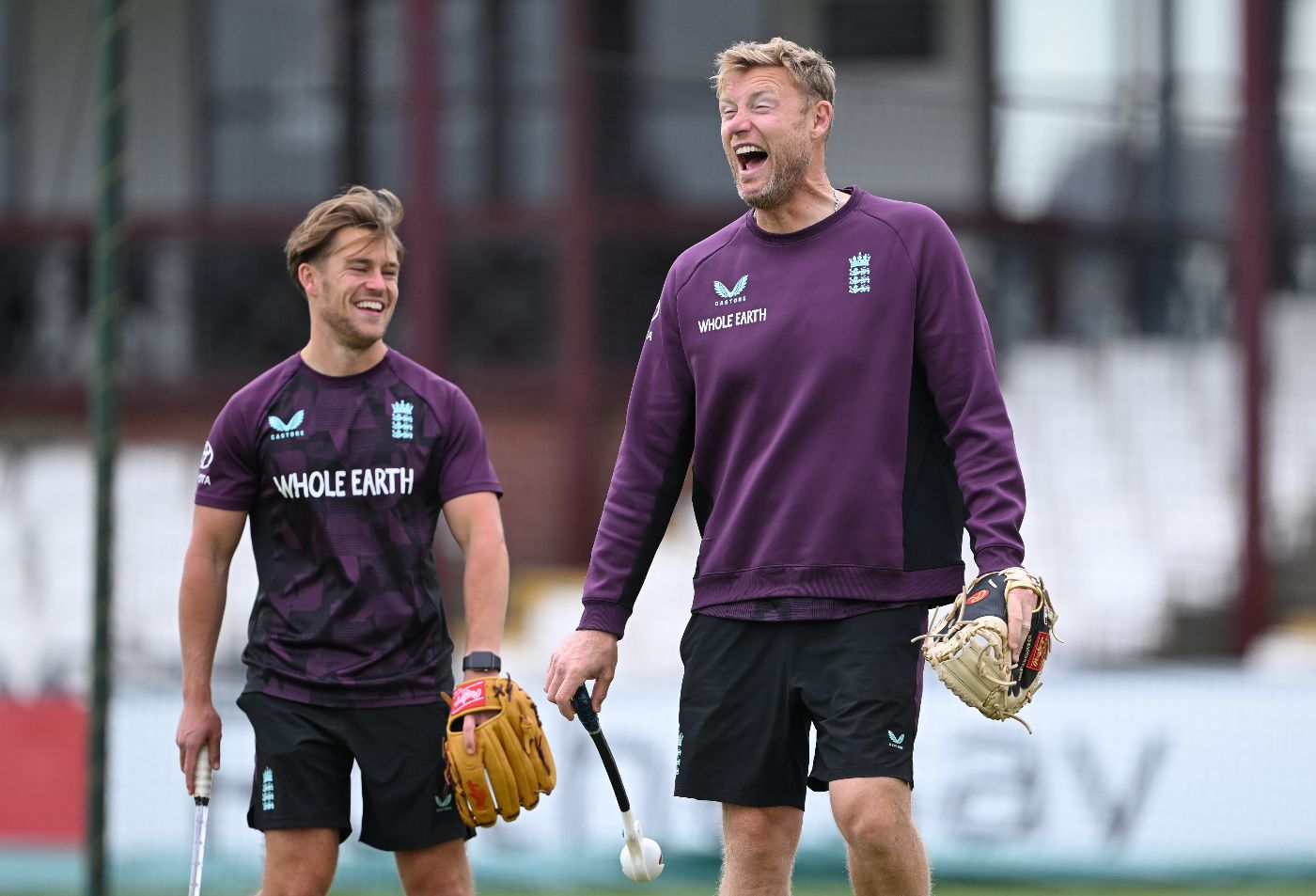 Andrew Flintoff shares a joke with nutritionist Charlie Binns during a Lions training session