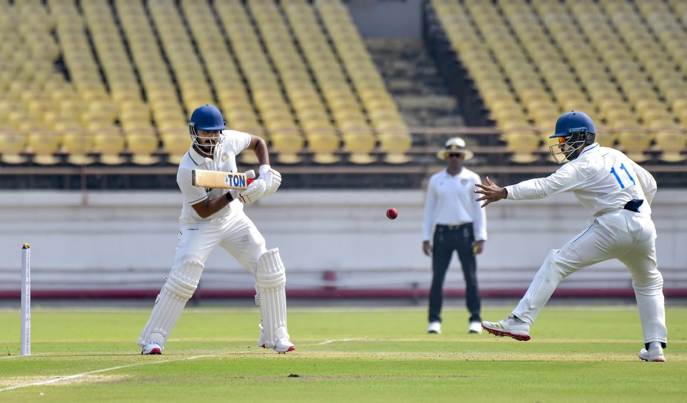 Harvik Desai pushes one through the off side