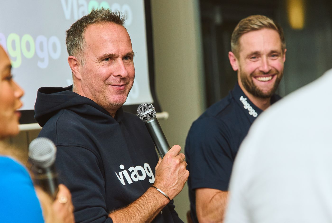 Michael Vaughan and Chris Woakes speak to the media at a Viagogo event in London