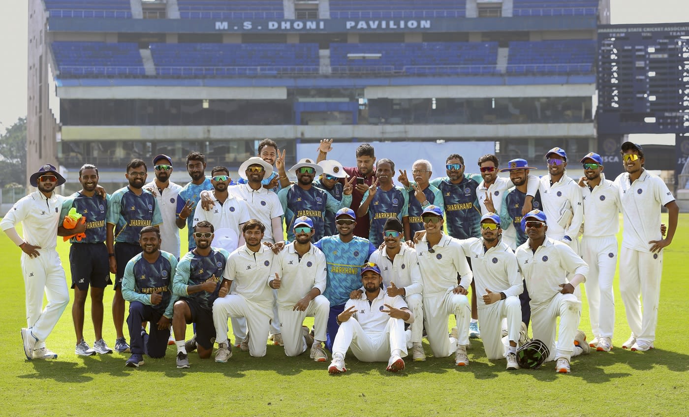 Jharkhand's players and staff get together after handing Nagaland an innings defeat