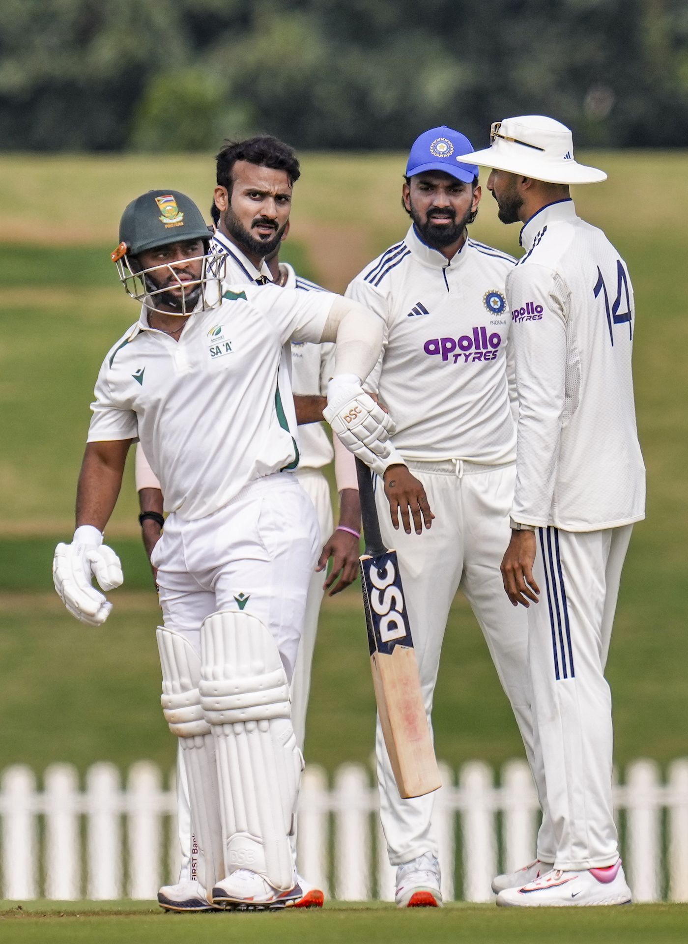 Temba Bavuma has a chat with Devdutt Padikkal after being dismissed by Akash Deep