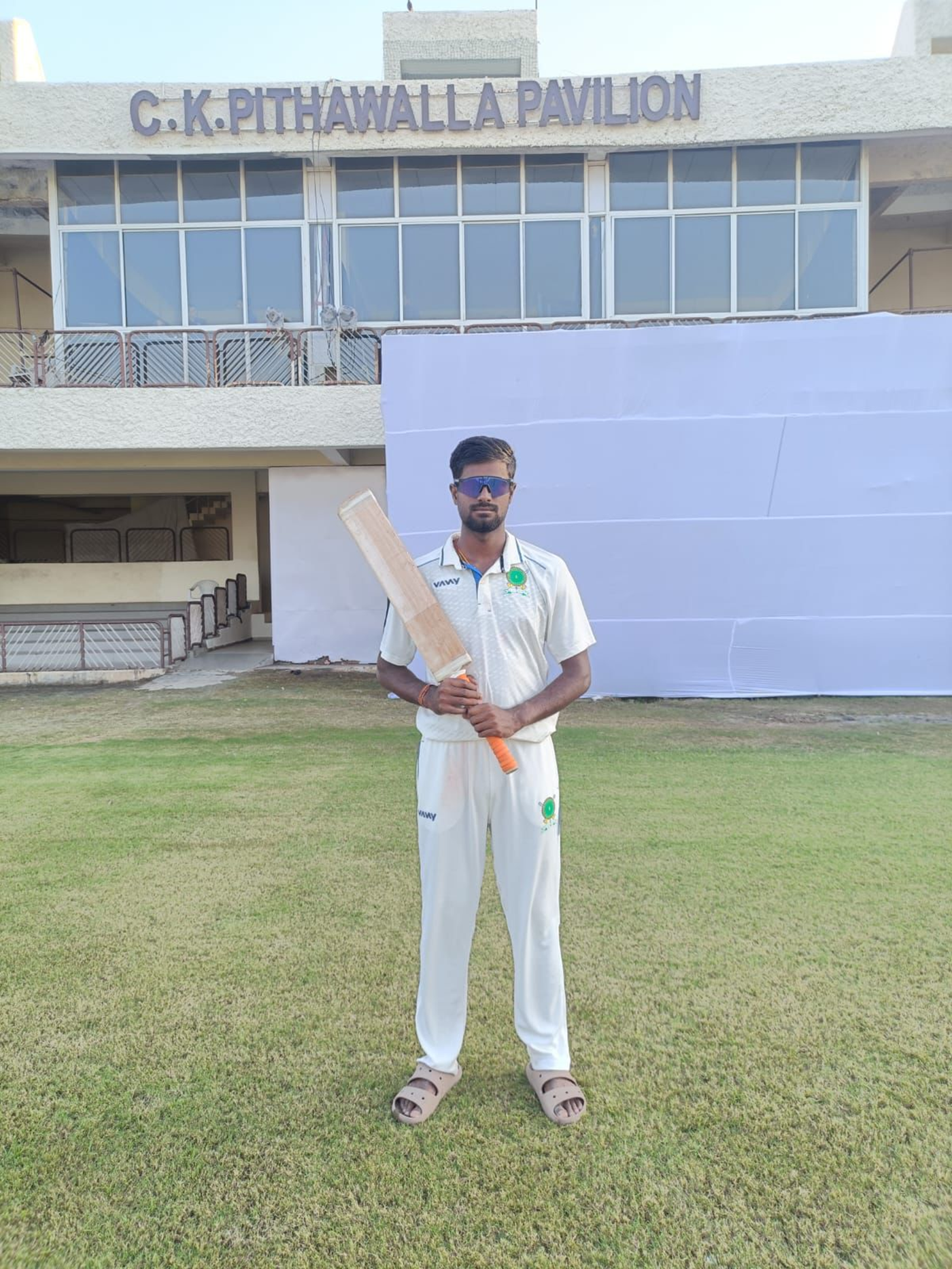 Meghalaya's Akash Choudhary after hitting six sixes in an over (and eight consecutive sixes in all)