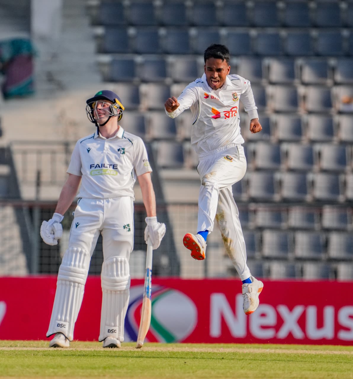 Hasan Murad celebrates his maiden Test wicket