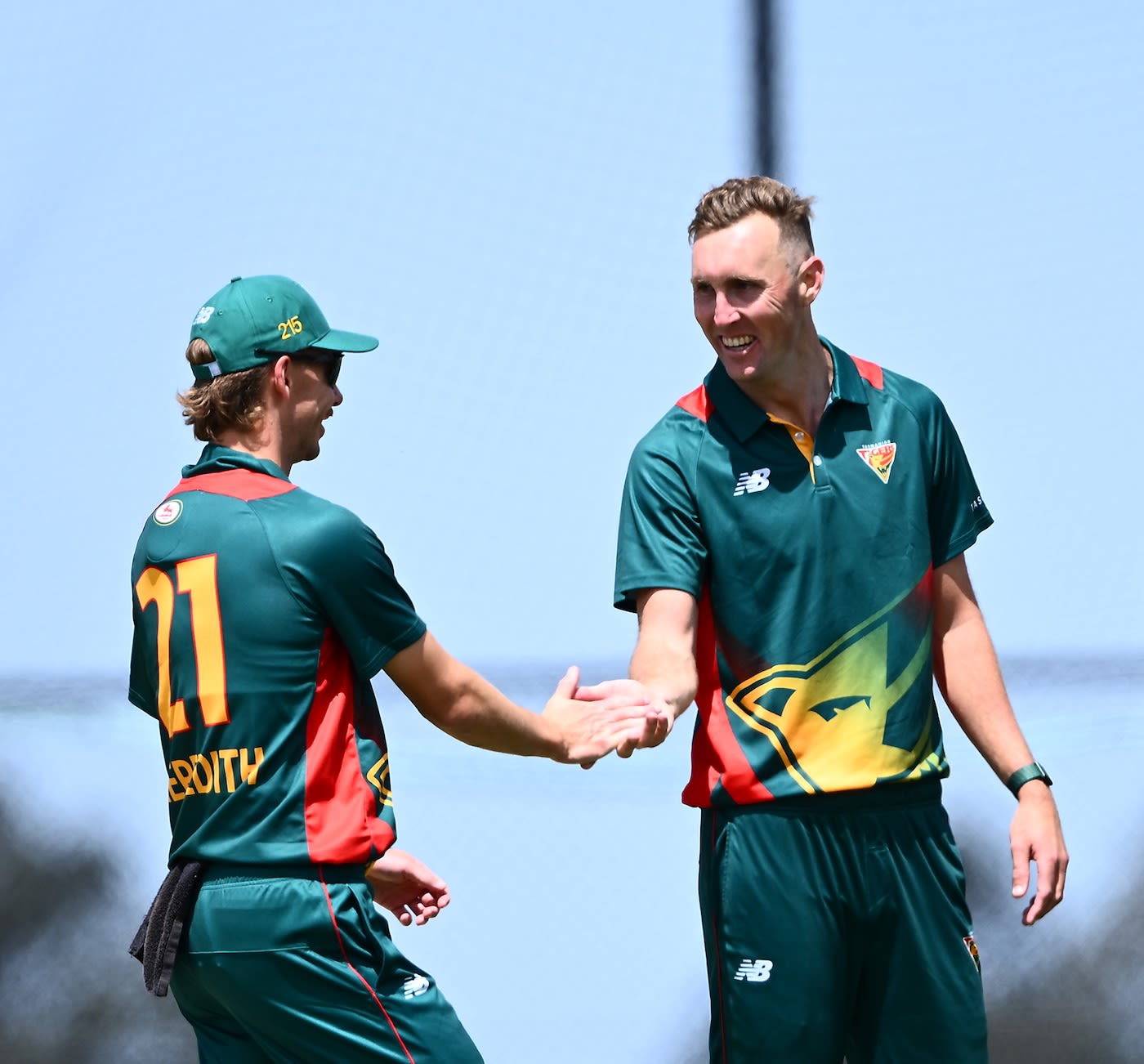 Billy Stanlake celebrates a wicket with Riley Meredith