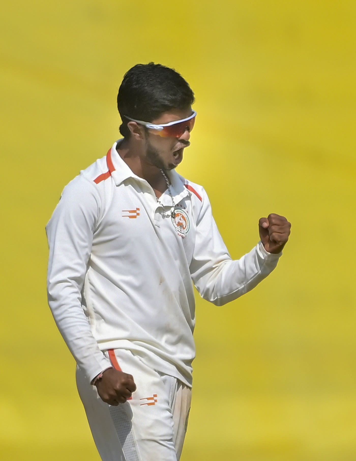 Ninad Rathva celebrates after dismissing Akshay Wadkar