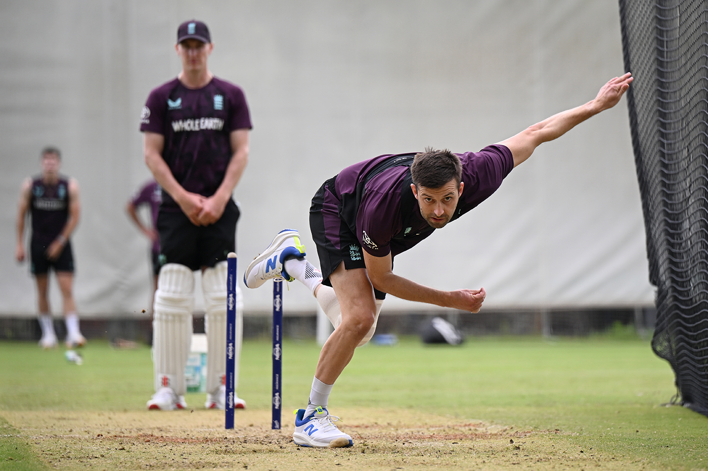 Mark Wood steams in at training