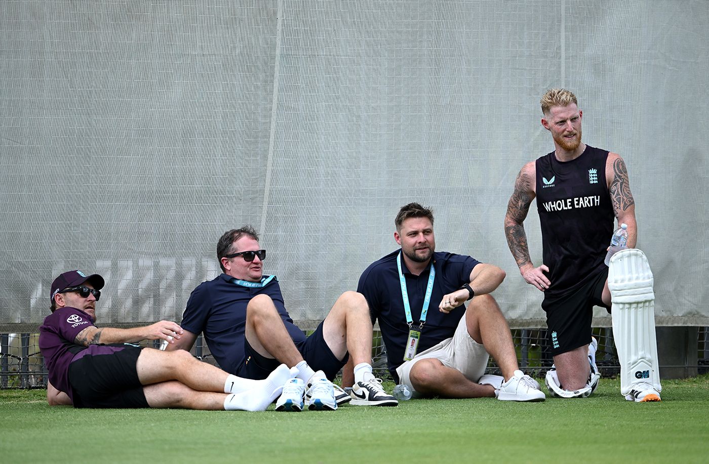 Brendon McCullum, Rob Key, Luke Wright and Ben Stokes look on at training