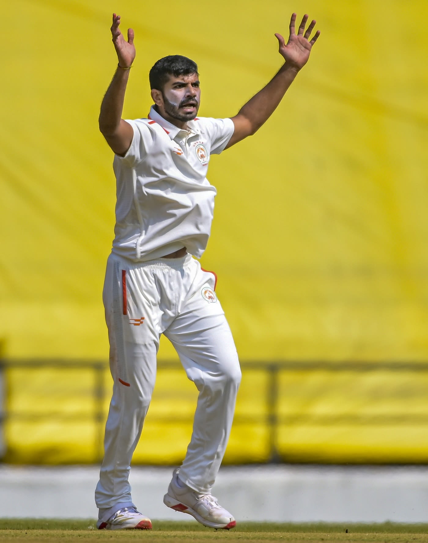 Baroda's Atit Sheth appeals for a wicket