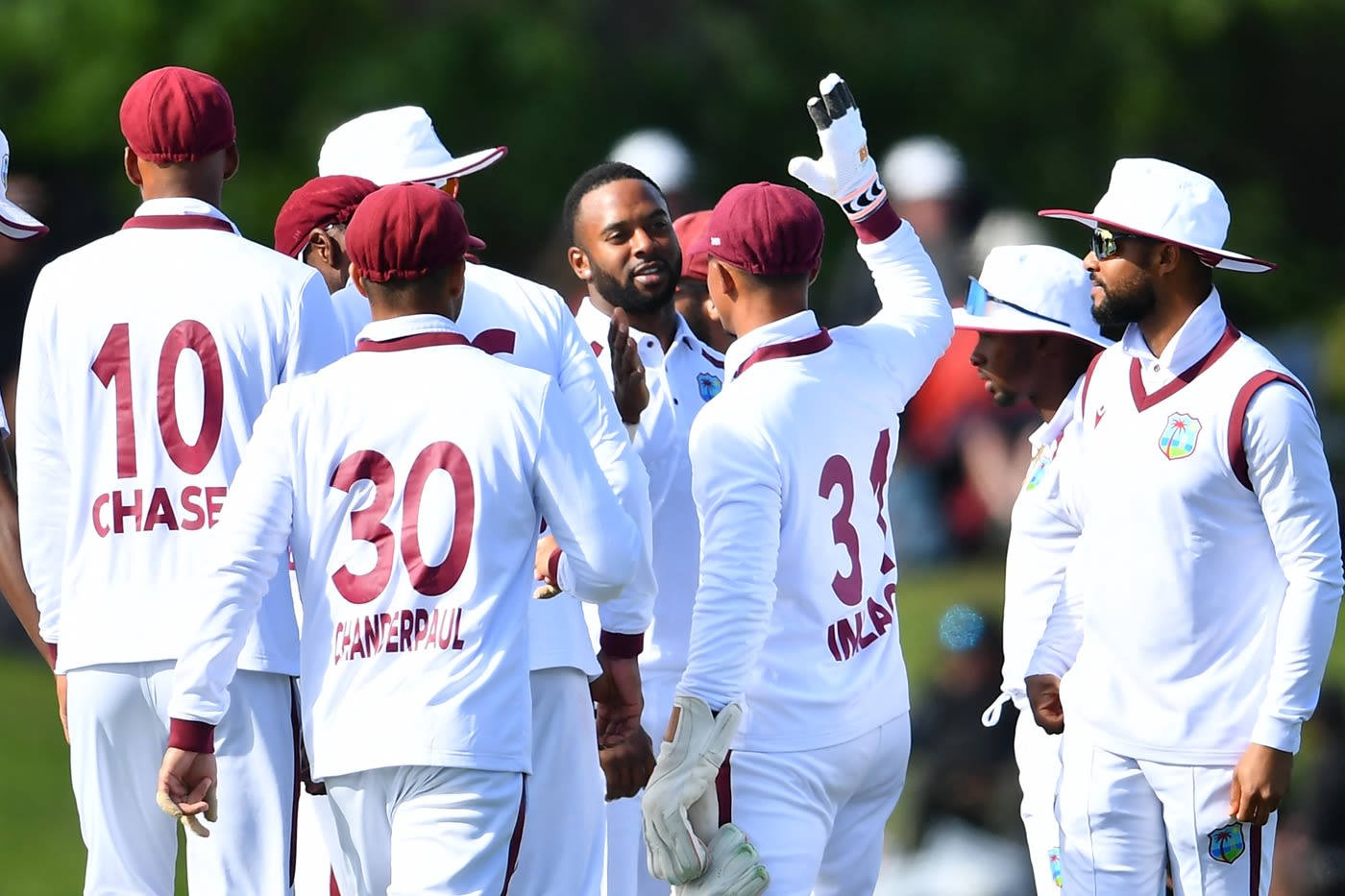 Ojay Shields celebrates his maiden Test wicket