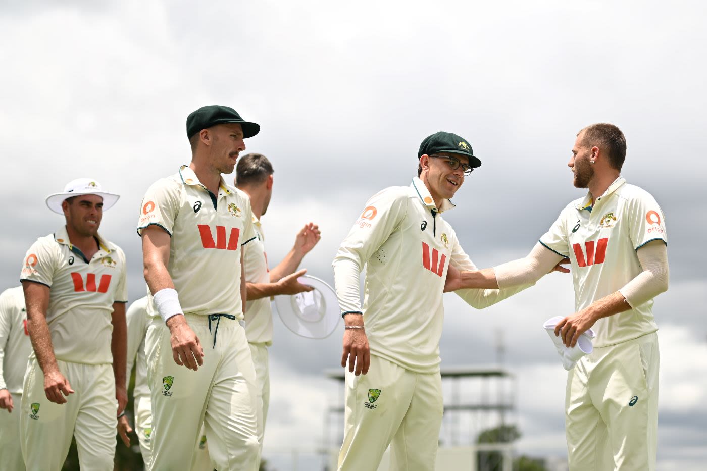 Xavier Bartlett, Ryan Hadley, Todd Murphy and Fergus O'Neill celebrate Australia A's win